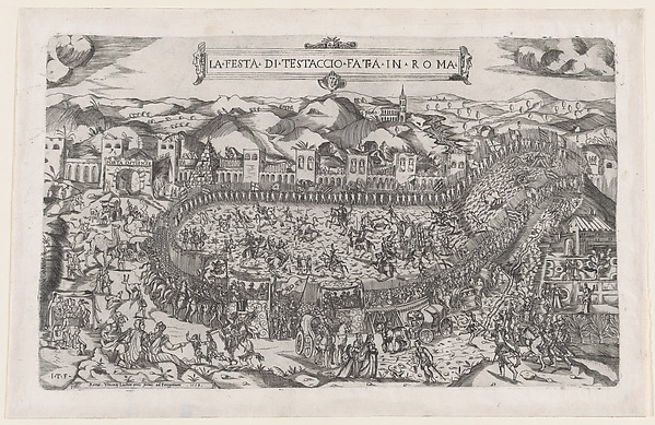 Carnival games held in the Mount Testaccio in Rome, from "Speculum Romanae Magnificentiae"