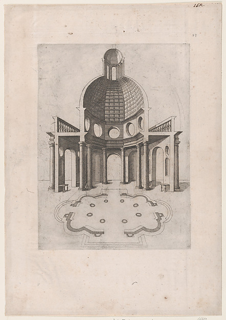 Speculum Romanae Magnificentiae: Interior and ground plan of an ogtagonal temple