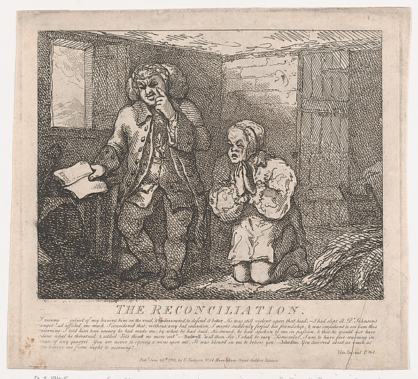 The Reconciliation (Picturesque Beauties of Boswell, Part the Second) — Samuel Johnson · James Boswell · Samuel Collings · Elizabeth Jackson · Thomas Rowlandson