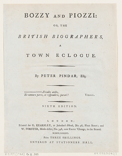 Title Page, from Bozzy and Piozzi by Peter Pindar, Esq.