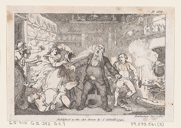 Hostess Discharges a Pan of Blood into the Face of Parson Andrews, from "The Adventures of Joseph Andrews, and his friend Mr. Abraham Adams" by Thomas Rowlandson