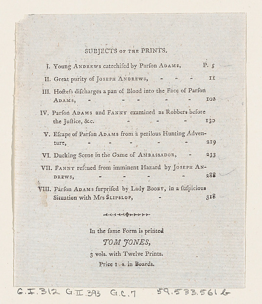 Table of Contents: "The Adventures of Joseph Andrews, and his friend Mr. Abraham Adams" by Thomas Rowlandson
