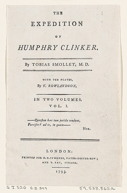 Title Page, from Tobias Smollett's "The Expedition of Humphry Clinker" (London, 1793), Vol. 1 by Thomas Rowlandson