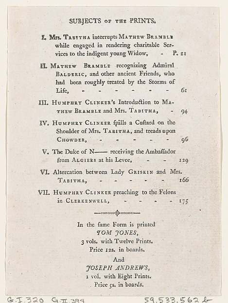 List of Plates I-VII, from Tobias Smollett's "The Expedition of Humphry Clinker" (London, 1793), Vol. 1 by Thomas Rowlandson