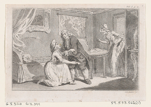 Matthew Bramble Offering Charity to the Ensign's Widow, an illustration from Tobias Smollett's "The Expedition of Humphry Clinker" (London, 1793), Vol. 1 by Charles Grignion, I