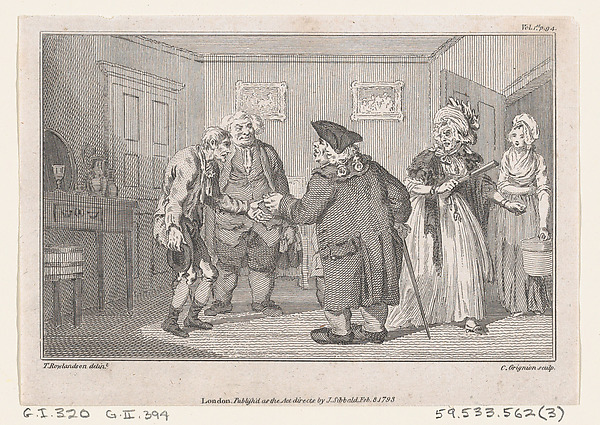 The First Meeting of Matthew Bramble and Humphry Clinker, an illustration from Tobias Smollett's "The Expedition of Humphry Clinker" (London, 1793), Vol. 1. 1793 by Charles Grignion, I