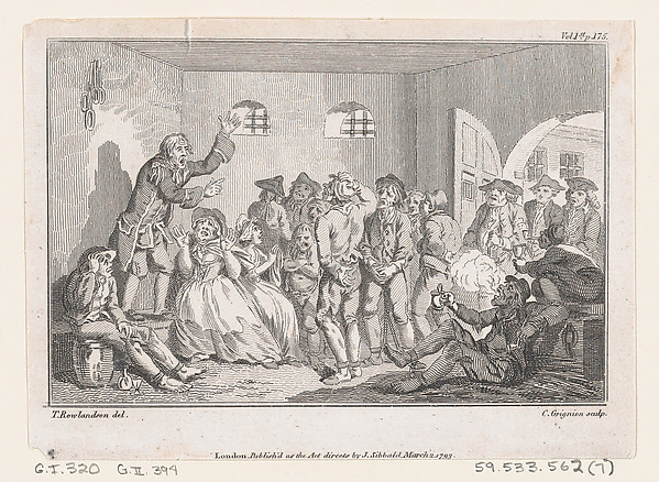 Clinker Preaching in Clerkenwell Prison, an illustration from Tobias Smollett's "The Expedition of Humphry Clinker" (London, 1793), Vol. 1 by Charles Grignion, I