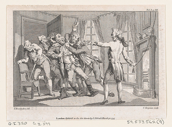 Lord Oxmington Repelling Lismahago's Challenge to Single Combat, an illustration from Tobias Smollett's "The Expedition of Humphry Clinker" (London, 1793), Vol. 1 by Charles Grignion, I