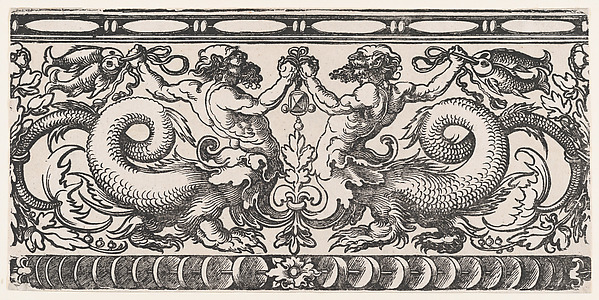 Symmetric Ornamental Frieze with Two Fighting Hybridic Creatures (Half Satyr, Half Dragon) holding Fish