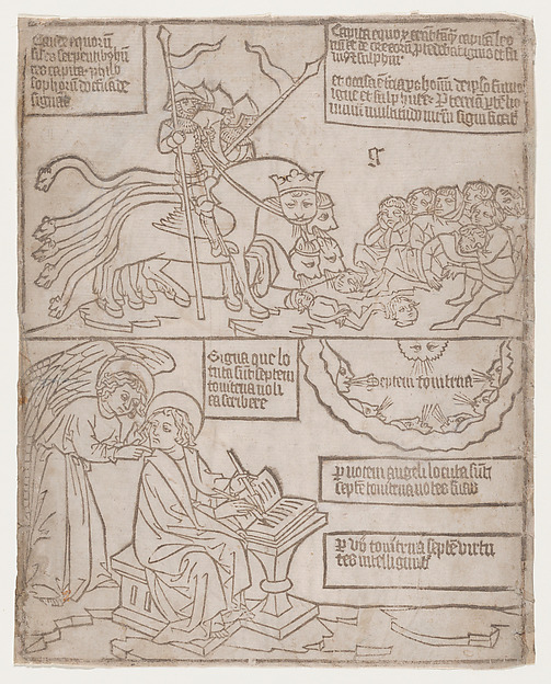 The Angels of the Euphrates Killing Mankind; and The Angel Preventing Saint John from Recording the Words of the Seven Thunders, from an "Apocalypse" blockbook, second edition by Anonymous, Netherlandish, 15th century
