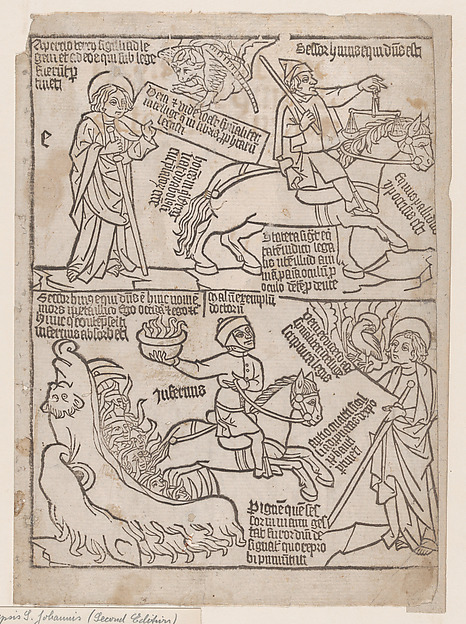 A Rider on a Black Horse with a Pair of Balances in His Hand; and A Pale Horse with Death as Its Rider, from an Apocalypse blockbook, 2nd edition by Anonymous, Netherlandish, 15th century