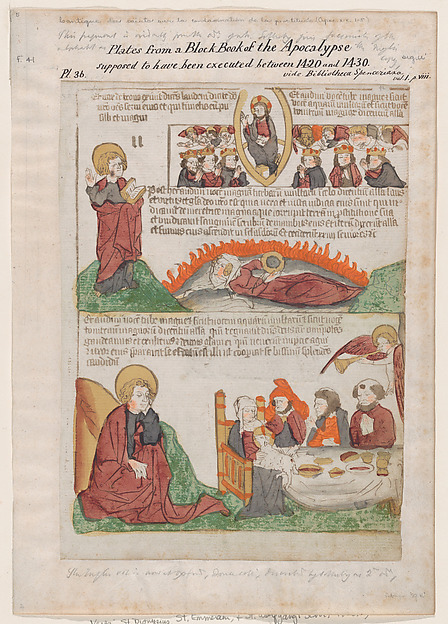 Song of Praise in Heaven over the Fall of the Whore of Babylon; The Wedding of the Lamb from an Apocalypse block book, 2nd edition by Anonymous, Netherlandish, 15th century