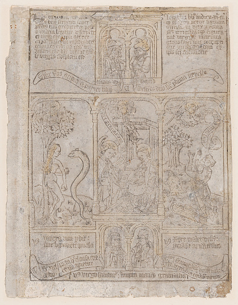 The Annunciation, flanked by Eve and the Serpent and Gideon's Fleece, from a Biblia Pauperum blockbook, 3rd edition