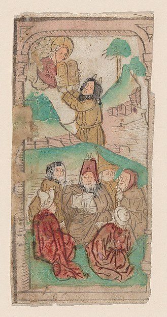 Moses Receiving the Law, illustration from a "Biblia Pauperum" blockbook, fourth edition by Anonymous, Netherlandish, 15th century