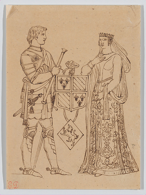 Man and Woman in Medieval Costume, Holding a Heraldic Shield