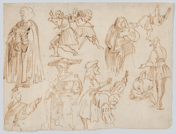 Eleven Figures in Medieval Dress with Two Figures Jousting