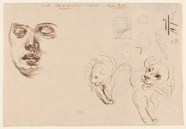 Portrait of a Woman with Eyes Lowered; Two Sketches of Lions