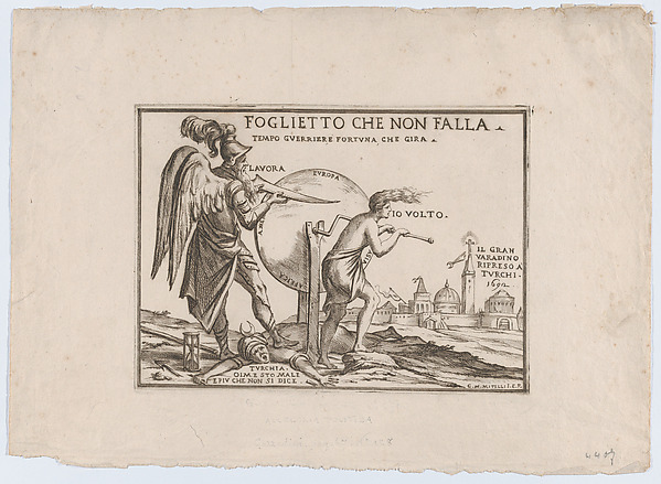 An allegory relating to the fortunes of the Turks, a winged figure probably representing Time stands on a fallen Turk while sharpening a blade on a wheel inscribed with the continents that is being turned by a semi-dressed figure, at right the city of Vardino (northwest Romania near the Hungarian border) that was held by the Turks from 1660 to 1692.