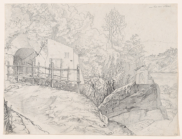 A House near a Grotto and a Roadside Chapel at Lake Nemi, with a View of Genzano from the North; verso: Sketch of Trees on the Border of a Lake, with Mountains in the Background