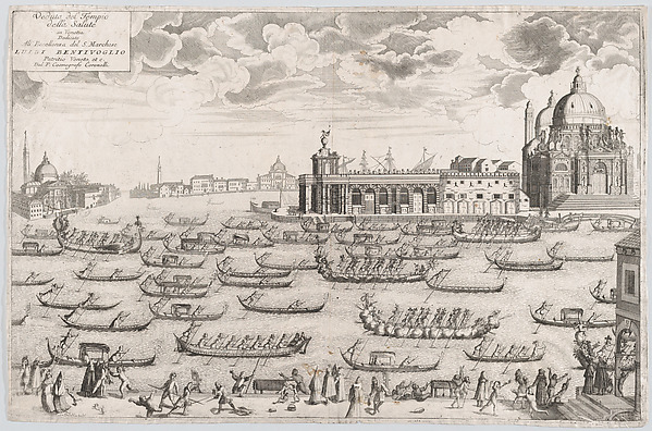 View of the church of Santa Maria della Salute in Venice, a regatta taking place on the canal