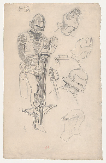 Study of Medieval Armor and a Crossbow (recto); Studies of a Medieval Helmet (verso)