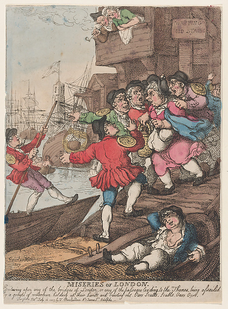Miseries of London: Entering upon any of the bridges of London or any of the passages leading to the Thames being assailed by a groupe [sic] of watermen holding up their hands and bawling out. Oars Sculls. Sculls. Oars. Oars.