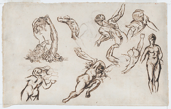 Eight Studies of Nude Figures (recto); Figure Studies from the Antique and a Caricature (verso)