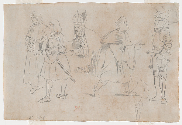 Figures in Medieval Dress including a Bishop (recto); Figures in a Landscape (verso)
