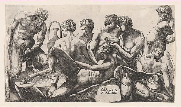 Eight Satyres and Satyresses Finishing a Meal
