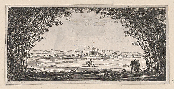 View of a town with man and dog