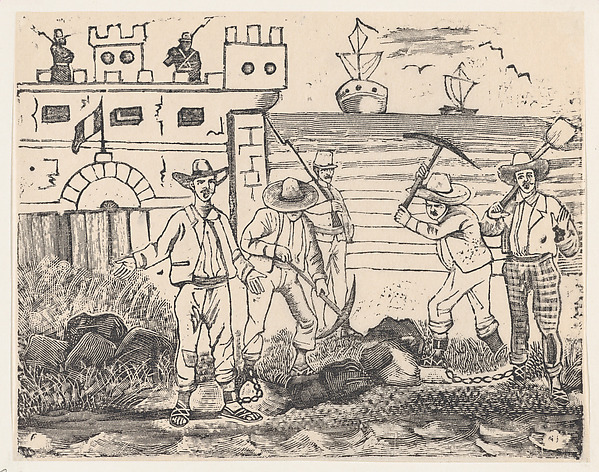 A group of prisoners engaged in manual labor, from a broadside entitled "Ultimas noticias de Gerardo Nevraumont y compañeros'