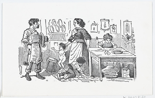 A domestic scene with a mother holding her child's hand while talking to her husband
