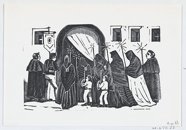 A holy procession with figures in black cloaks holding candles