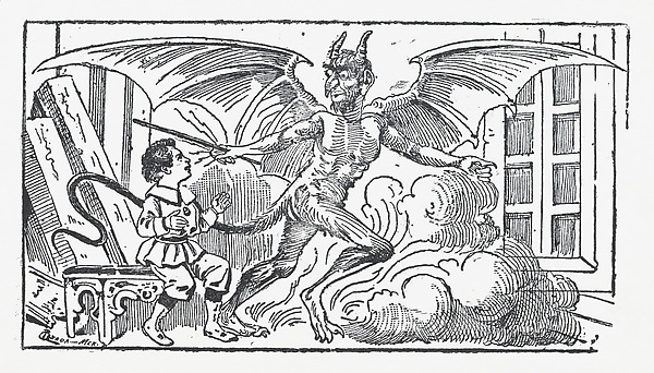 A young boy cowering from a demon, illustration from 'El Cuento Niño de Dulce'