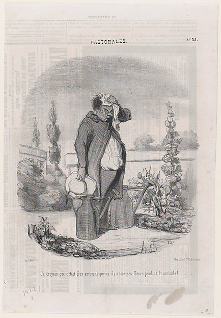 I thought it would be more fun than this to water flowers during a heatwave!, from Romance of Country Life, published in Le Charivari