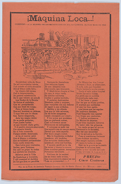 Broadsheet relating to a train accident that killed many people, wounded victims being carried on stretchers