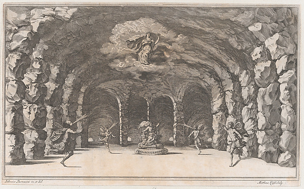 Cavern of Aeolus; a cave with wind gods blowing on either side of Aeolus who sits enthroned at center; set design from 'Il Pomo D'Oro'