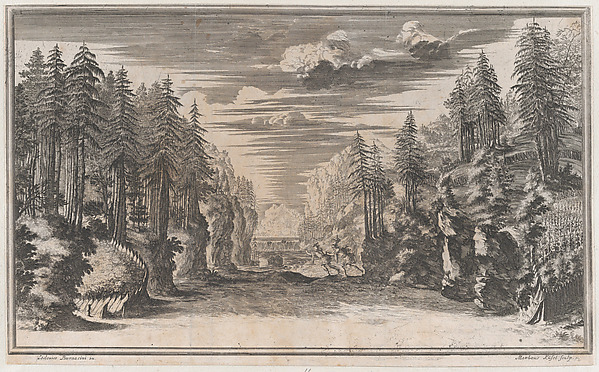 Landscape with two figures running along the bank of the river Xanto; set design from 'Il Pomo D'Oro'
