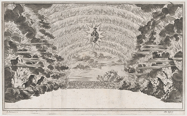 A female figure in glory at center, surrounded by burning rocks; below Cupid sailing on a burning chariot; set design from 'Il Pomo D'Oro'