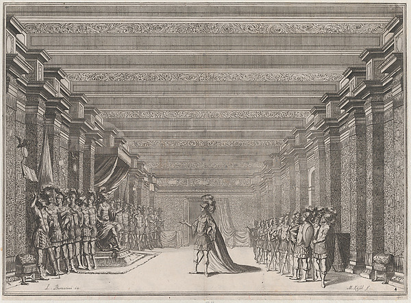 Throne room with a man in classical armor standing at center addressing a man seated on a throne at left; soldiers lined on either side of the room; set design from 'Il Fuoco Eterno'