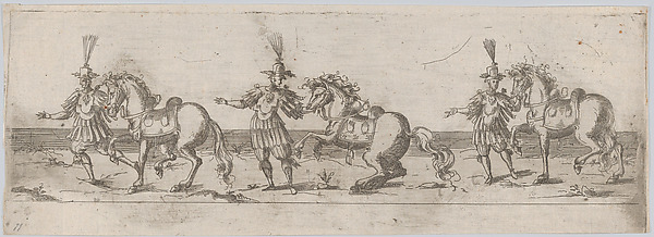 Procession, with three men leading three horses