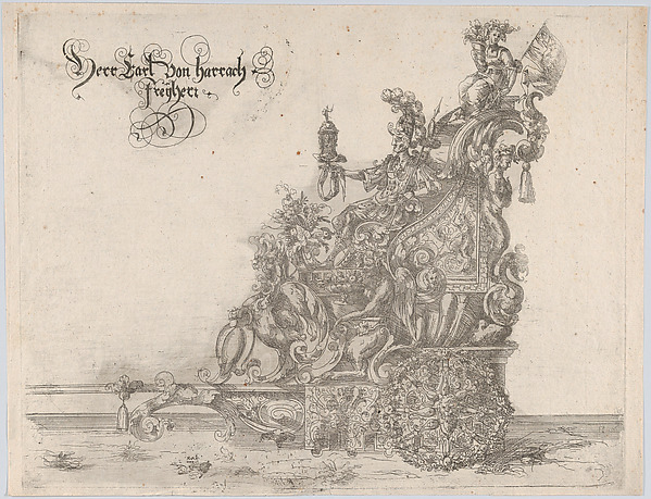 Procession, with a male and female figure seated on a float