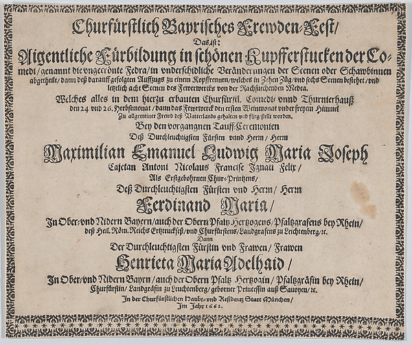 Text to accompany plate illustrating the fireworks display celebrating the birth of Prince Max Emmanuel of Bavaria, Munich, 1662