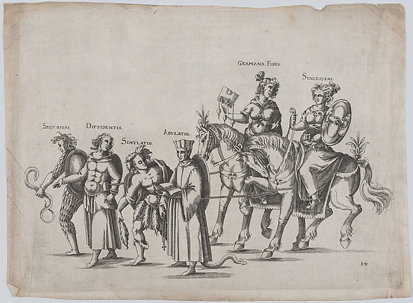 Plate 14: Six figures marching in a procession, two atop horses, a snake at bottom center; plate from 'Repraesentatio Der Fürstlichen Auffzug und Ritterspil... Herrn Johann Friderichen Hertzogen zu Württenberg und Teckh... und Fürstin Barbara Sophien ...' Stuttgart, November 6, 1609