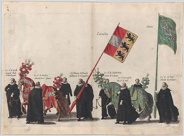 Plate 44: Men with heraldic flags and horses from Carinthia and Styria marching in the funeral procession of Archduke Albert of Austria; from 'Pompa Funebris ... Alberti Pii'