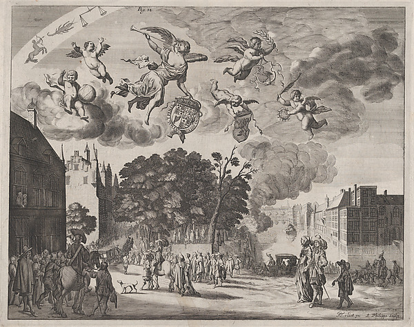 Charles II entering The Hague in a carriage with the Mauritshuis on the right; from 'Verhael van de Reys van Carel II, Coning van Groot-Brittannië, in Hollandt van 25 Mey tot 2 Junij 1660'