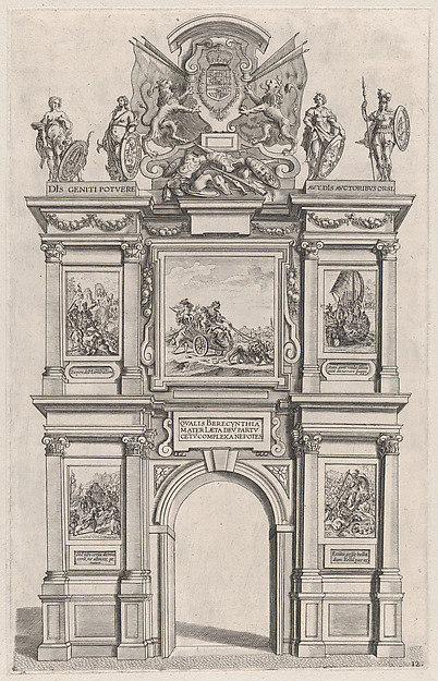 Plate 12: Triumphal arch, elevation of the back facade, surmounted with the arms of Ferdinand and decorated with five mythical or heroic scenes; from Guillielmus Becanus's 'Serenissimi Principis Ferdinandi, Hispaniarum Infantis...'
