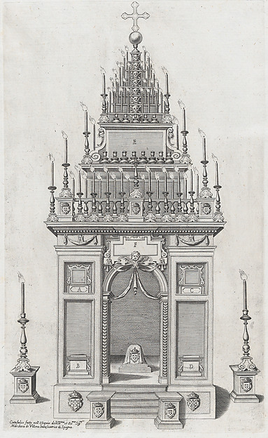 Design of the catafalque for the exequies of the Marchesa di Villena in San Giacomo degli Spagnoli, Rome; from 'Libro De Catafalchi, Tabernacoli, con varij designi di Porte fenestre et altri ornamenti di Architettura'