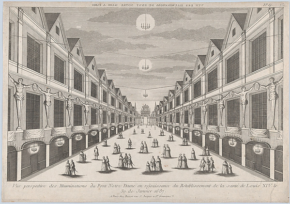 Perspective view of the Illuminations on the Pont Notre Dame, in celebration of the recovery of the health of Louis XIV, January 30, 1687 by Anonymous, The Metropolitan Museum of Art