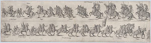 Plate depicting Domenico de Massimo, from a series of twelve showing knights and their attendants dressed for a tournament (plate 4)